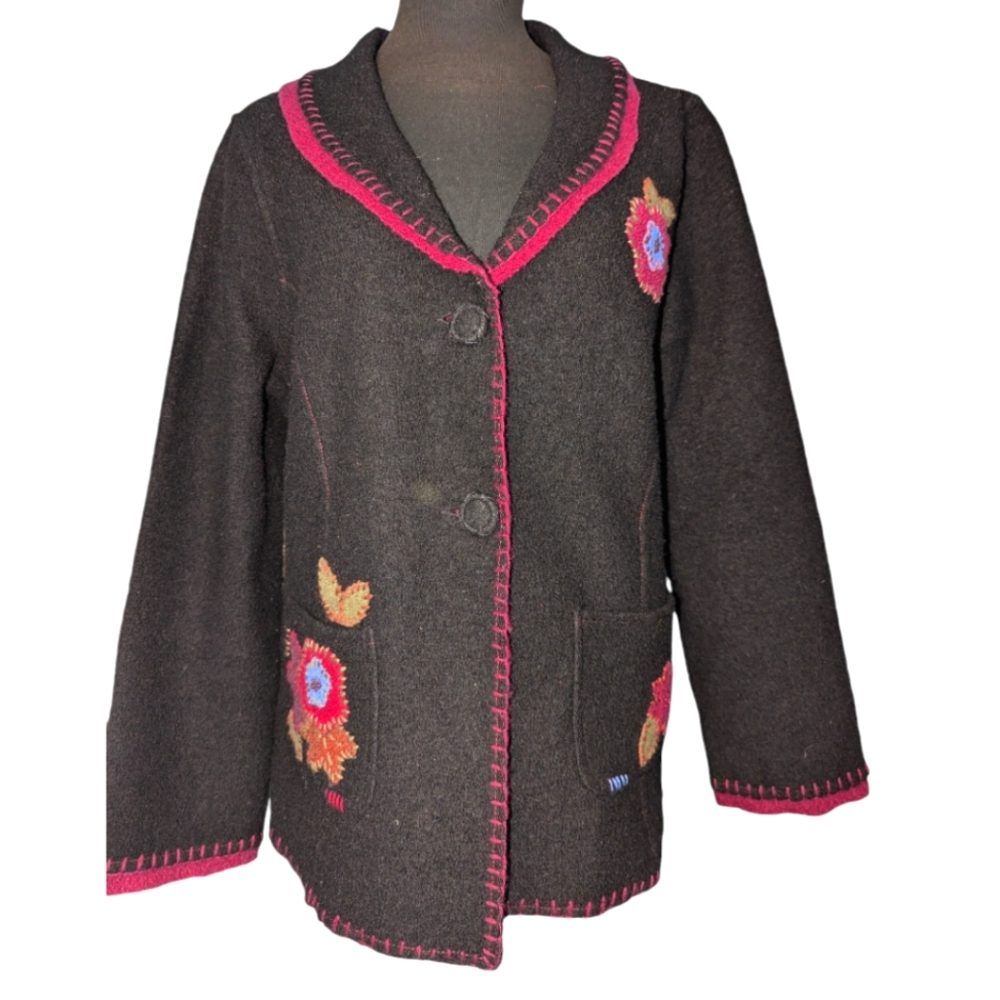 Nomadic Traders boiled wool jacket with floral appliques, size Medium, vintage